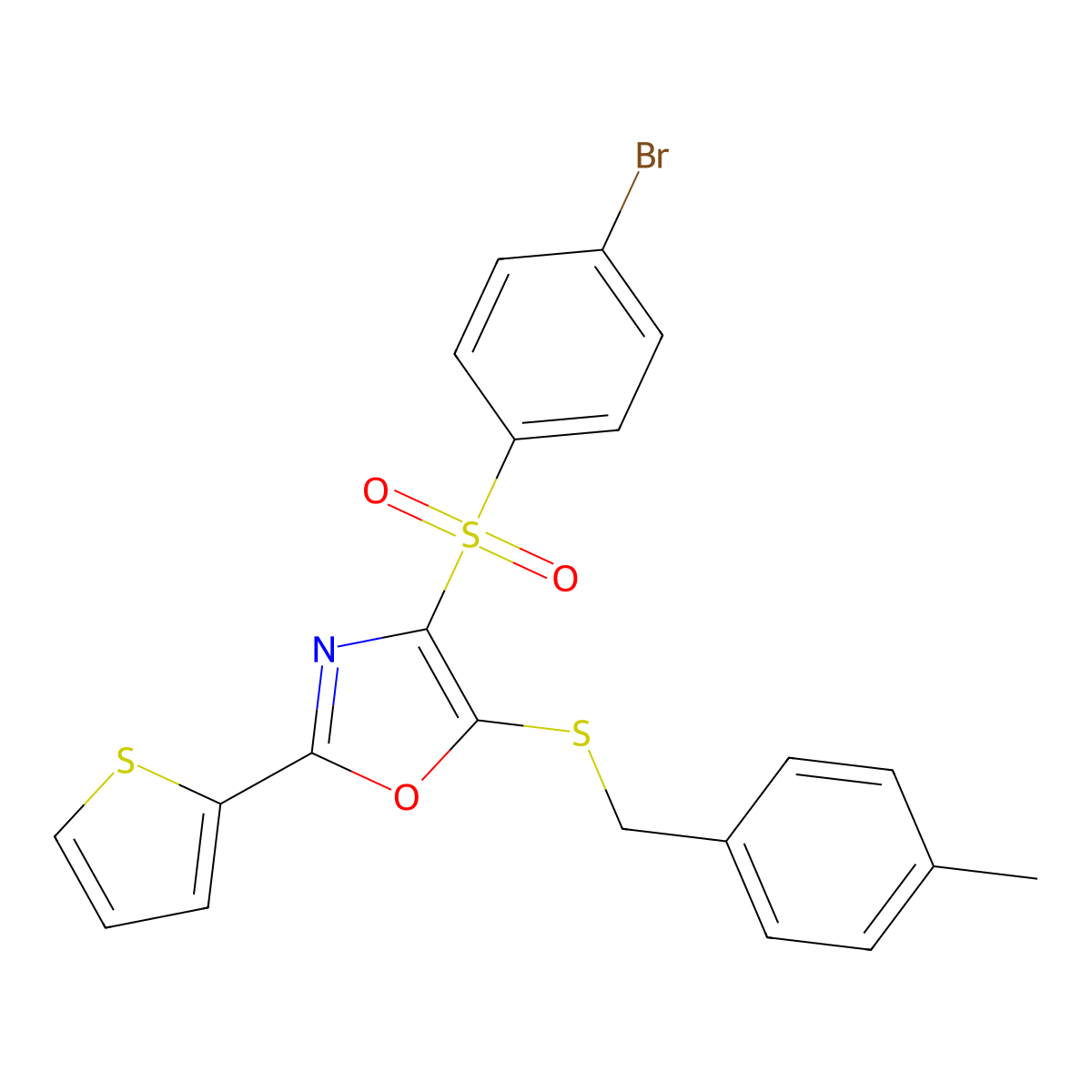 4-((4-Bromophenyl)sulfonyl)-5-((4-methylbenzyl)thio)-2-(thiophen-2-yl)oxazole molecular structure, CAS 850928-39-1