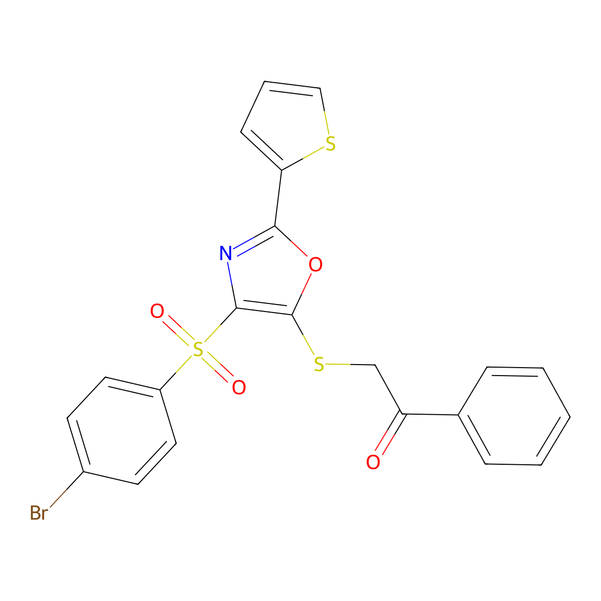 2-((4-((4-Bromophenyl)sulfonyl)-2-(thiophen-2-yl)oxazol-5-yl)thio)-1-phenylethanone molecular structure, CAS 850928-41-5