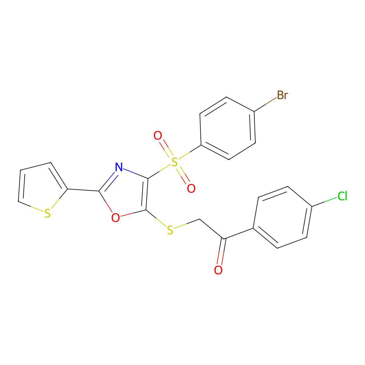 2-((4-((4-Bromophenyl)sulfonyl)-2-(thiophen-2-yl)oxazol-5-yl)thio)-1-(4-chlorophenyl)ethanone molecular structure, CAS 850928-42-6