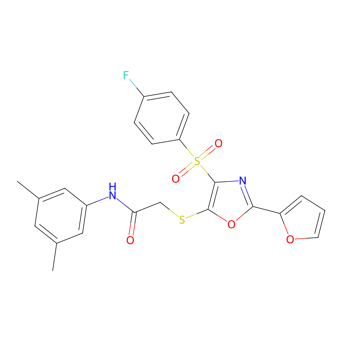 N-(3,5-dimethylphenyl)-2-[[4-(4-fluorophenyl)sulfonyl-2-(furan-2-yl)-1,3-oxazol-5-yl]sulfanyl]acetamide molecular structure, CAS 850928-57-3