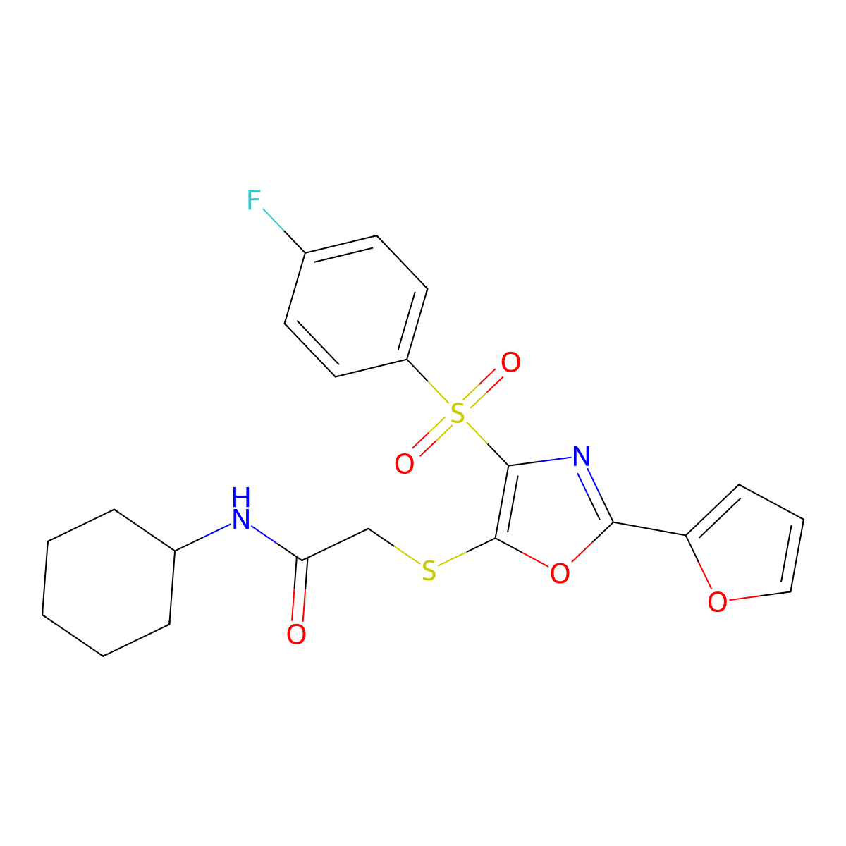 N-cyclohexyl-2-{[4-(4-fluorobenzenesulfonyl)-2-(furan-2-yl)-1,3-oxazol-5-yl]sulfanyl}acetamide molecular structure, CAS 850928-59-5