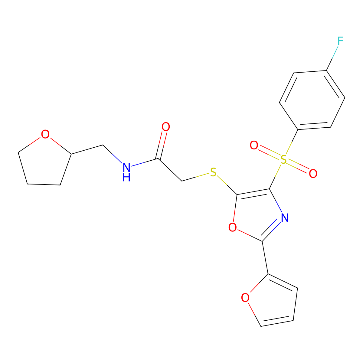 2-({4-[(4-fluorophenyl)sulfonyl]-2-(furan-2-yl)-1,3-oxazol-5-yl}sulfanyl)-N-(tetrahydrofuran-2-ylmethyl)acetamide molecular structure, CAS 850928-60-8
