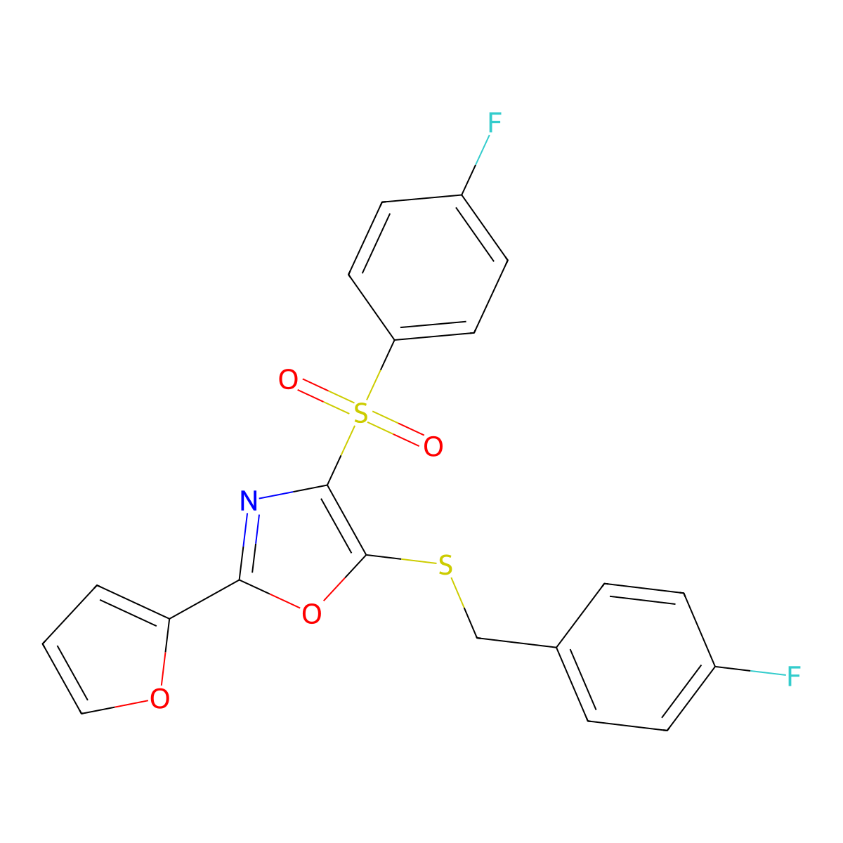 5-((4-Fluorobenzyl)thio)-4-((4-fluorophenyl)sulfonyl)-2-(furan-2-yl)oxazole molecular structure, CAS 850928-68-6