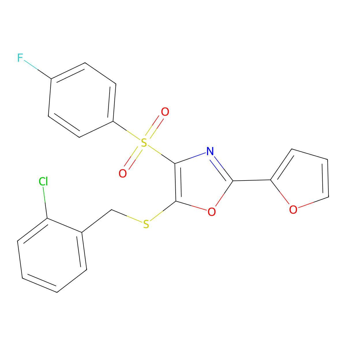 5-((2-Chlorobenzyl)thio)-4-((4-fluorophenyl)sulfonyl)-2-(furan-2-yl)oxazole molecular structure, CAS 850928-70-0