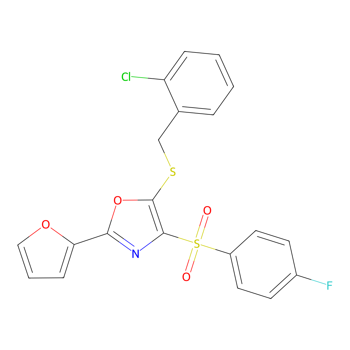 5-((2-Chlorobenzyl)thio)-4-((4-fluorophenyl)sulfonyl)-2-(furan-2-yl)oxazole molecular structure, CAS 850928-70-0