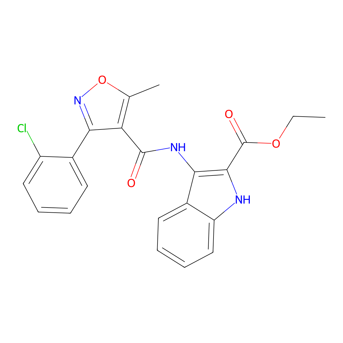 ethyl 3-(3-(2-chlorophenyl)-5-methylisoxazole-4-carboxamido)-1H-indole-2-carboxylate molecular structure, CAS 850929-68-9