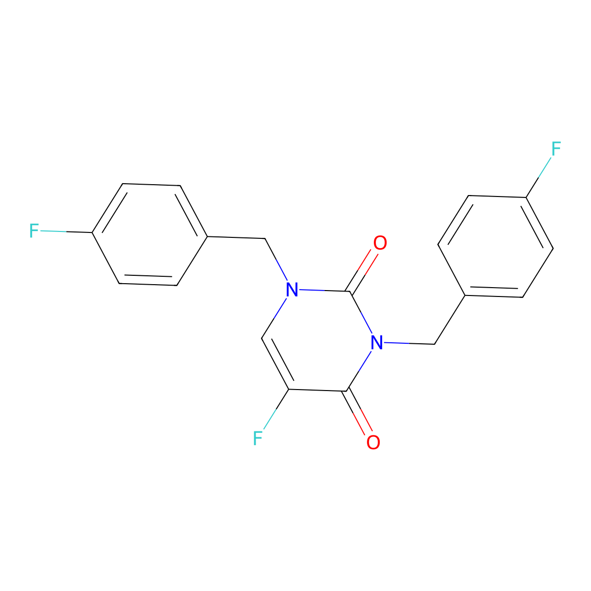 5-Fluoro-1,3-bis[(4-fluorophenyl)methyl]pyrimidine-2,4-dione molecular structure, CAS 85093-37-4