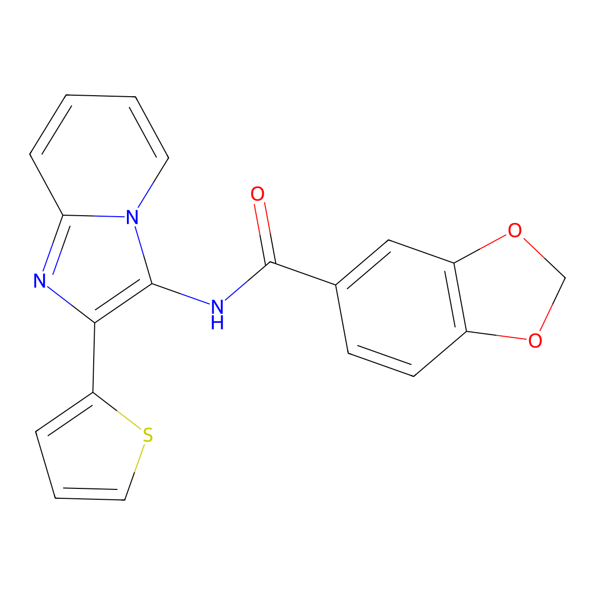N-(2-thiophen-2-ylimidazo[1,2-a]pyridin-3-yl)-1,3-benzodioxole-5-carboxamide molecular structure, CAS 850930-61-9
