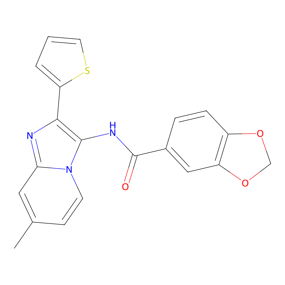 N-(7-methyl-2-thiophen-2-ylimidazo[1,2-a]pyridin-3-yl)-1,3-benzodioxole-5-carboxamide molecular structure, CAS 850931-90-7