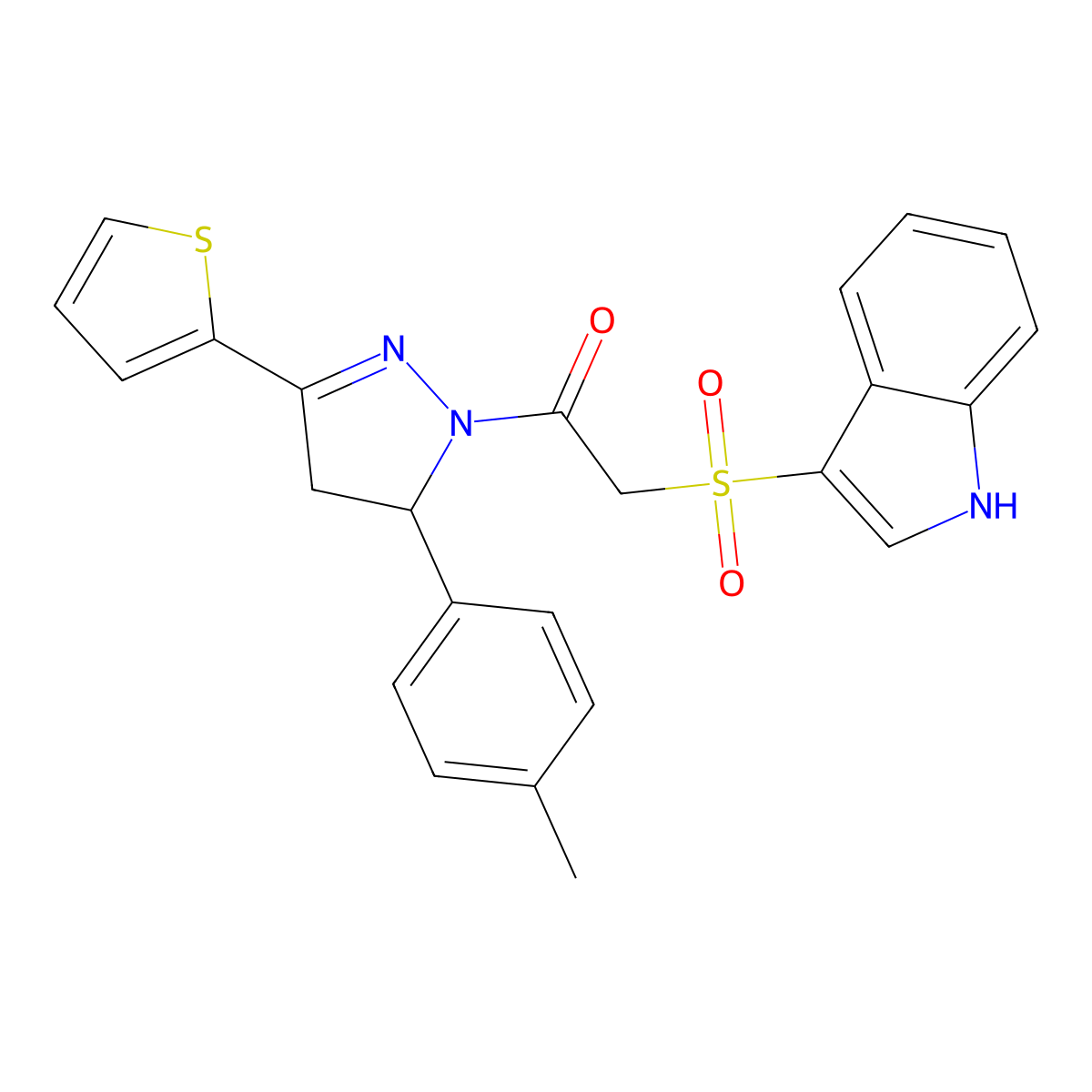 2-(1H-indol-3-ylsulfonyl)-1-[3-(4-methylphenyl)-5-thiophen-2-yl-3,4-dihydropyrazol-2-yl]ethanone molecular structure, CAS 850932-38-6