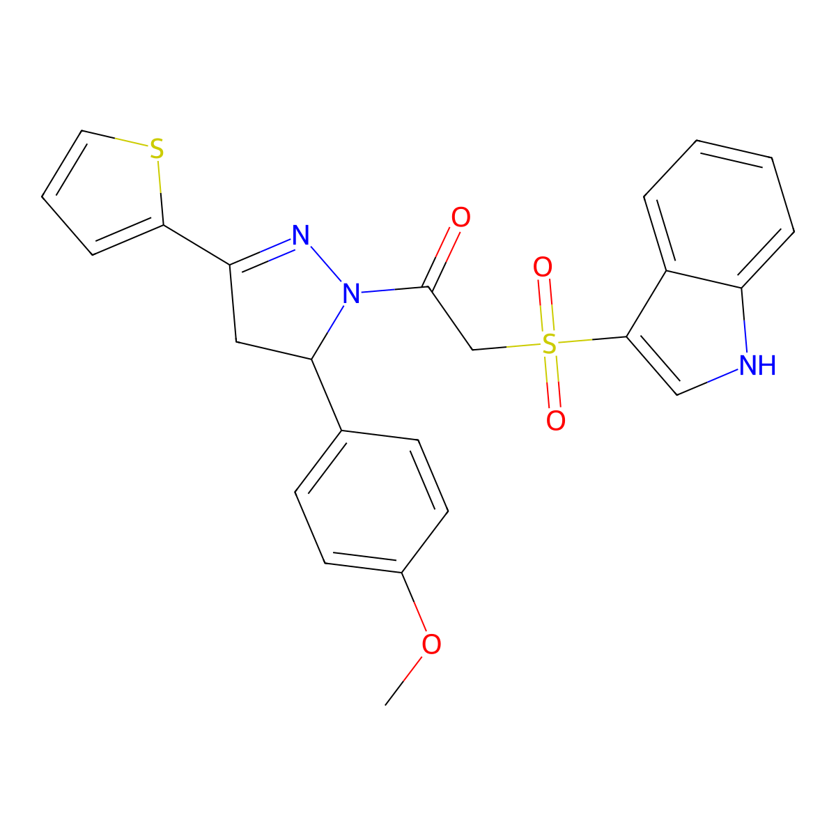 2-(1H-indol-3-ylsulfonyl)-1-[3-(4-methoxyphenyl)-5-thiophen-2-yl-3,4-dihydropyrazol-2-yl]ethanone molecular structure, CAS 850932-39-7