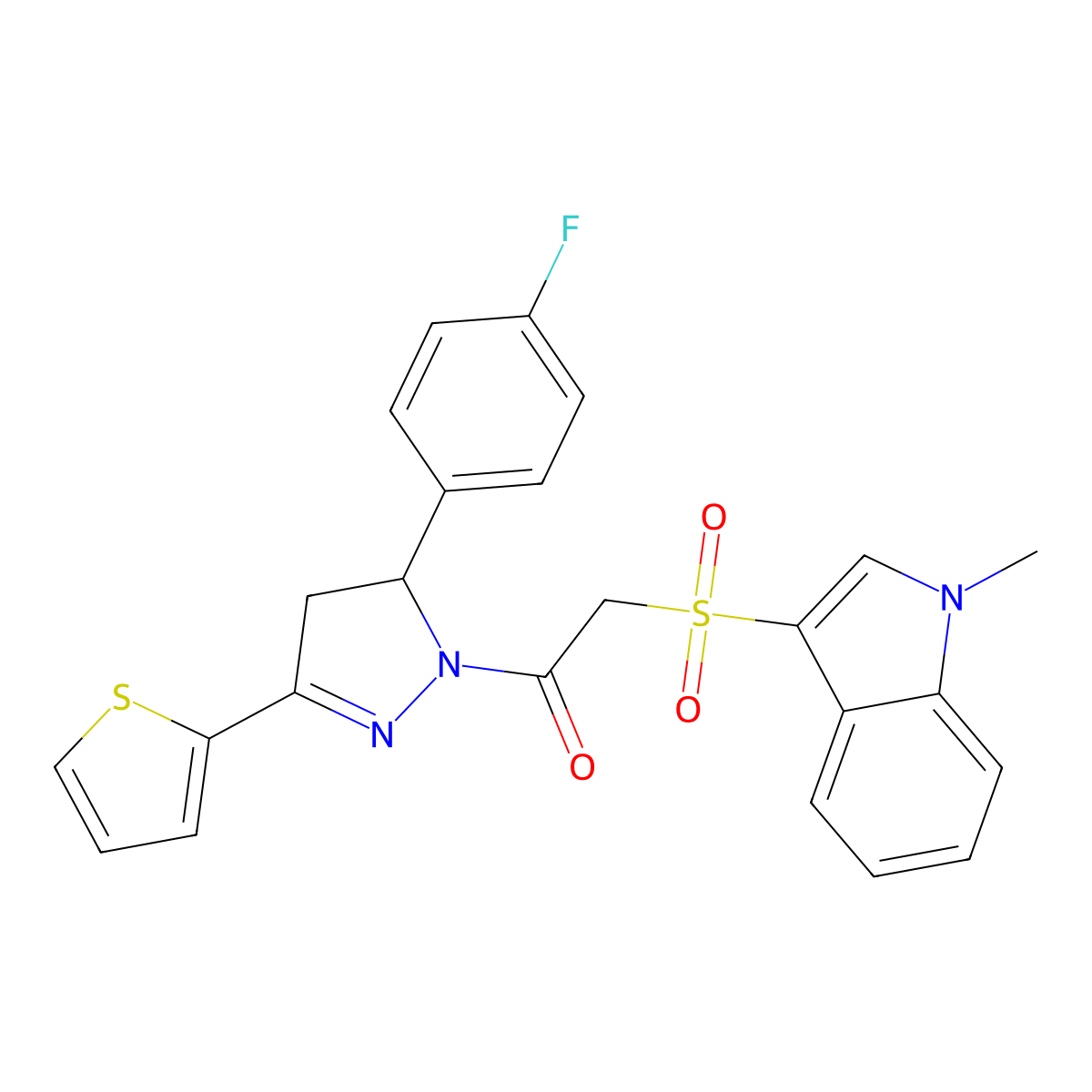 1-[3-(4-Fluorophenyl)-5-thiophen-2-yl-3,4-dihydropyrazol-2-yl]-2-(1-methylindol-3-yl)sulfonylethanone molecular structure, CAS 850932-43-3
