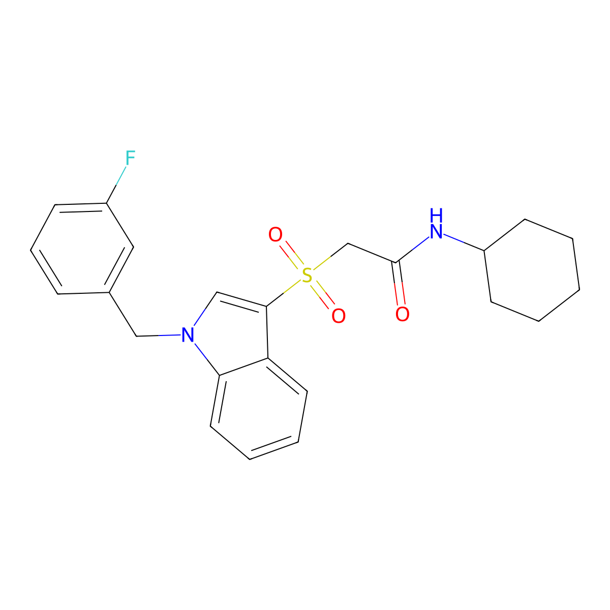 N-cyclohexyl-2-[1-[(3-fluorophenyl)methyl]indol-3-yl]sulfonylacetamide molecular structure, CAS 850932-64-8