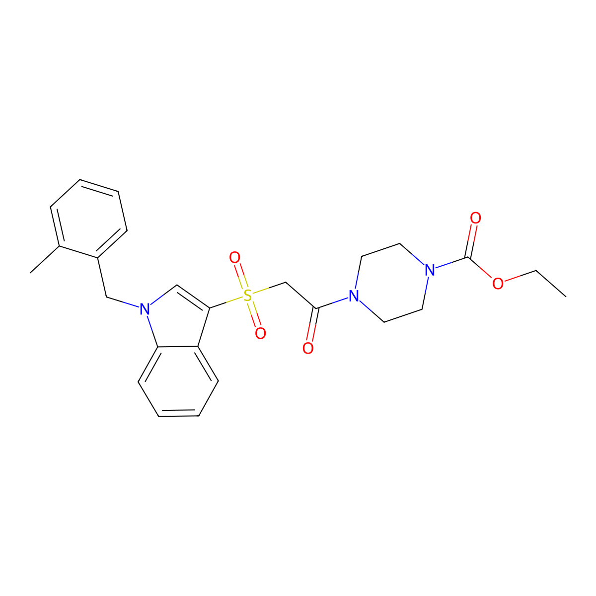Ethyl 4-[2-[1-[(2-methylphenyl)methyl]indol-3-yl]sulfonylacetyl]piperazine-1-carboxylate molecular structure, CAS 850932-75-1