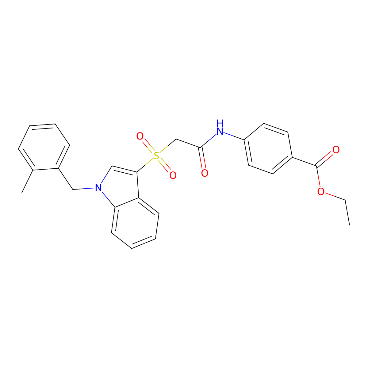 Ethyl 4-[[2-[1-[(2-methylphenyl)methyl]indol-3-yl]sulfonylacetyl]amino]benzoate molecular structure, CAS 850932-79-5