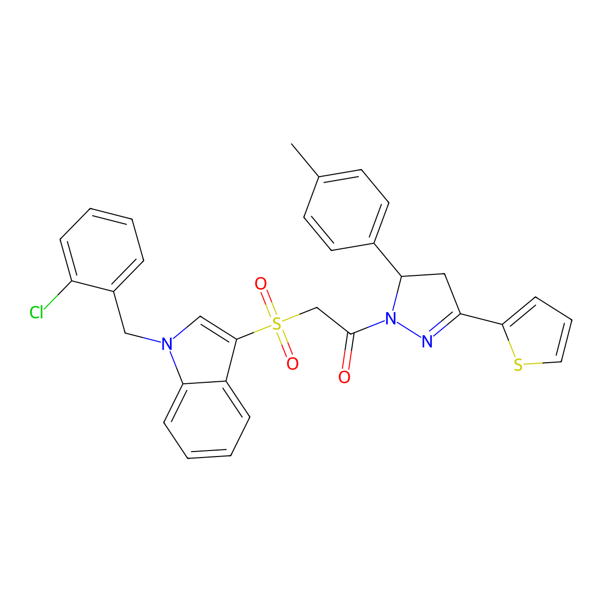 2-((1-(2-chlorobenzyl)-1H-indol-3-yl)sulfonyl)-1-(3-(thiophen-2-yl)-5-(p-tolyl)-4,5-dihydro-1H-pyrazol-1-yl)ethanone molecular structure, CAS 850933-14-1