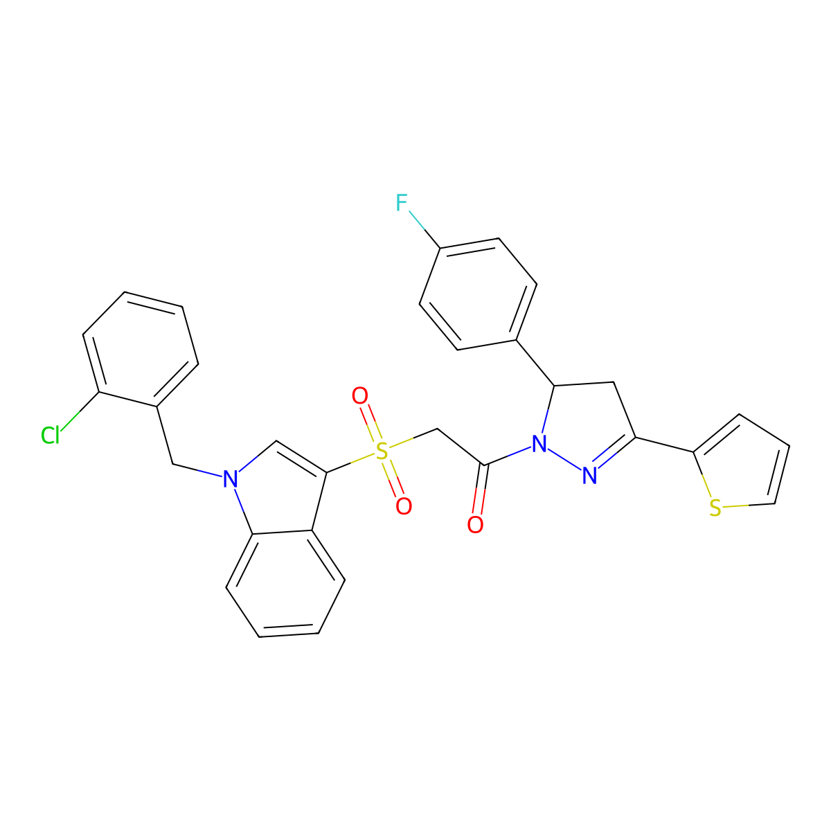 2-((1-(2-chlorobenzyl)-1H-indol-3-yl)sulfonyl)-1-(5-(4-fluorophenyl)-3-(thiophen-2-yl)-4,5-dihydro-1H-pyrazol-1-yl)ethanone molecular structure, CAS 850933-15-2