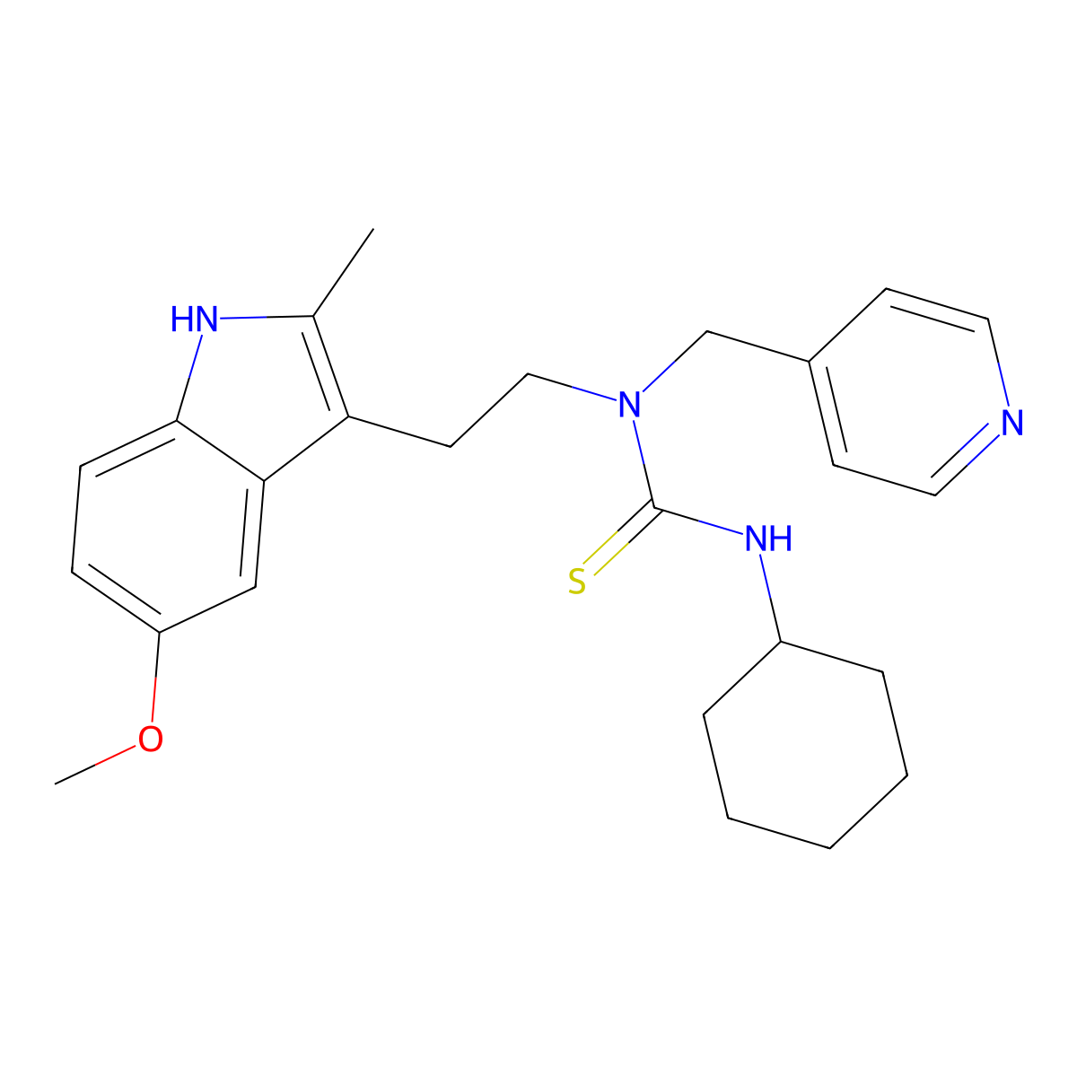 3-cyclohexyl-1-(2-(5-methoxy-2-methyl-1H-indol-3-yl)ethyl)-1-(pyridin-4-ylmethyl)thiourea molecular structure, CAS 850934-61-1