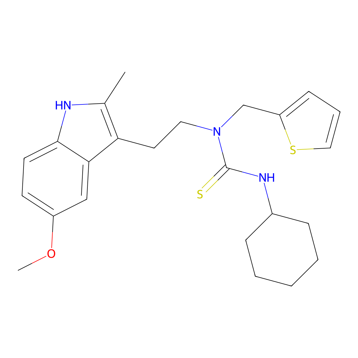 3-cyclohexyl-1-(2-(5-methoxy-2-methyl-1H-indol-3-yl)ethyl)-1-(thiophen-2-ylmethyl)thiourea molecular structure, CAS 850934-88-2