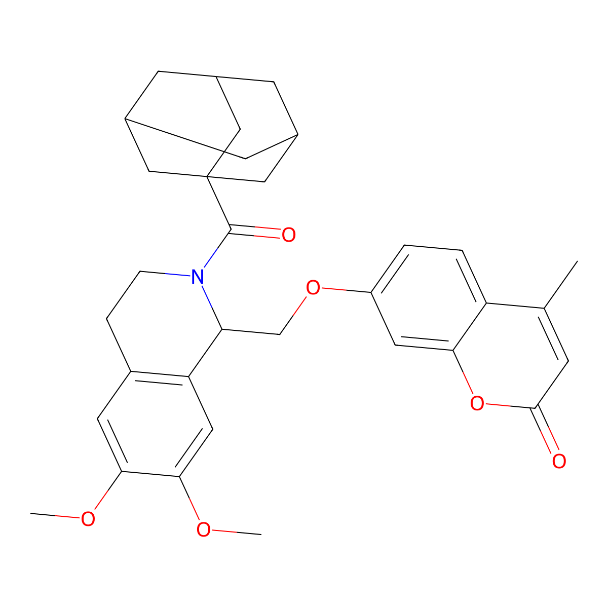 7-[[2-(adamantane-1-carbonyl)-6,7-dimethoxy-3,4-dihydro-1H-isoquinolin-1-yl]methoxy]-4-methylchromen-2-one molecular structure, CAS 850935-50-1