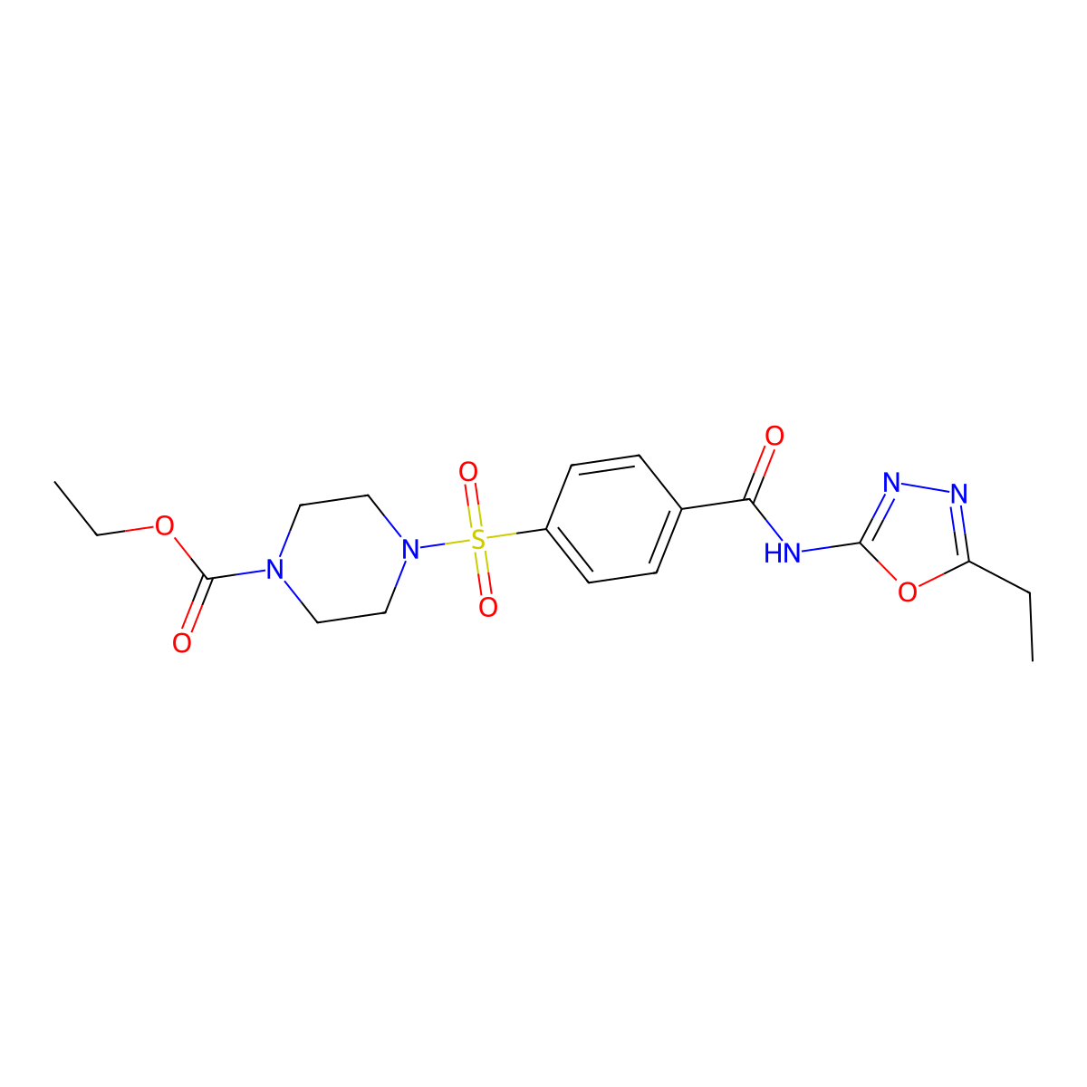 Ethyl 4-((4-((5-ethyl-1,3,4-oxadiazol-2-yl)carbamoyl)phenyl)sulfonyl)piperazine-1-carboxylate molecular structure, CAS 850935-68-1