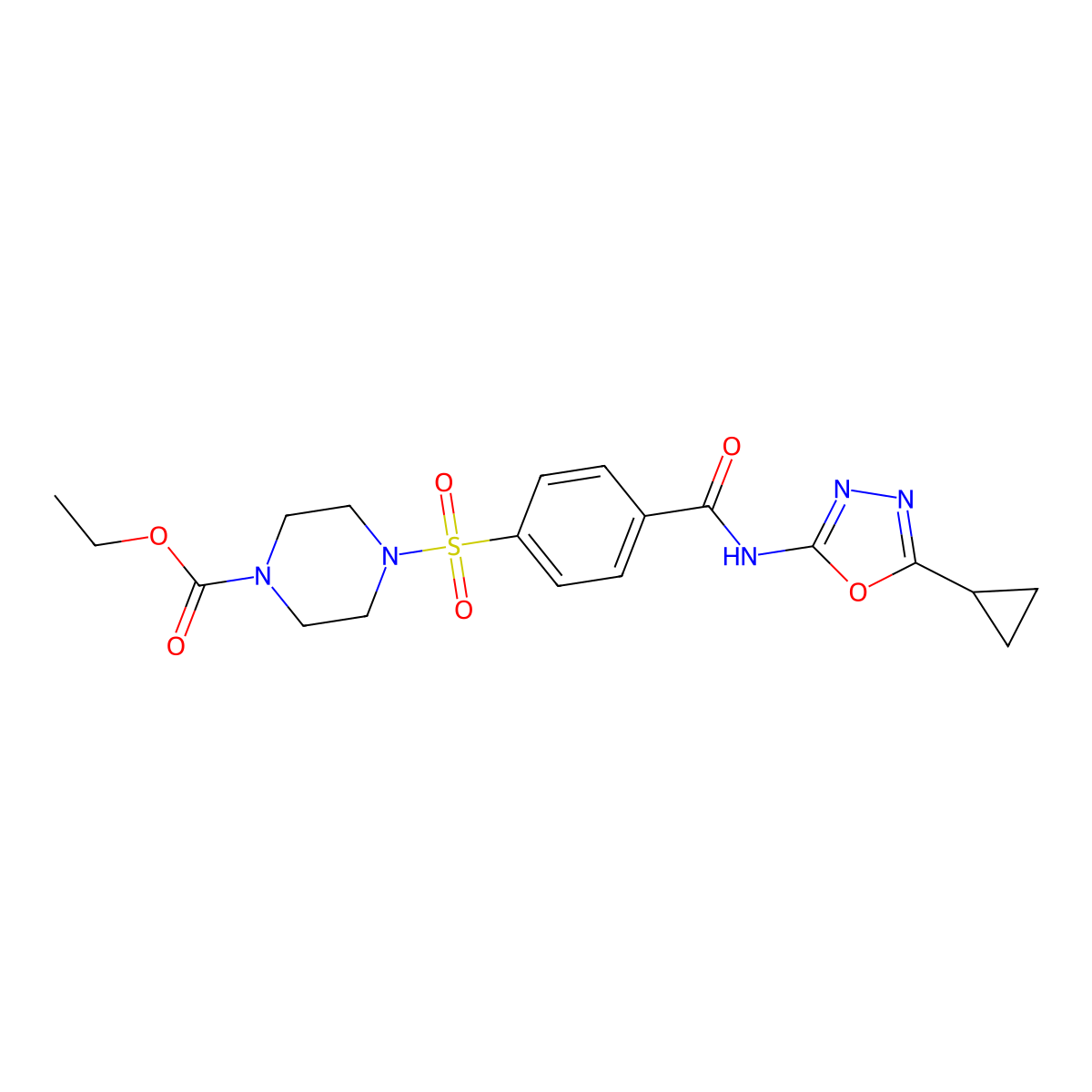 Ethyl 4-((4-((5-cyclopropyl-1,3,4-oxadiazol-2-yl)carbamoyl)phenyl)sulfonyl)piperazine-1-carboxylate molecular structure, CAS 850935-97-6