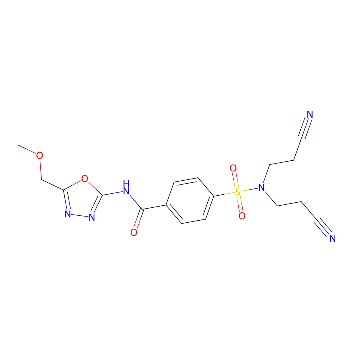 4-[bis(2-cyanoethyl)sulfamoyl]-N-[5-(methoxymethyl)-1,3,4-oxadiazol-2-yl]benzamide molecular structure, CAS 850936-18-4