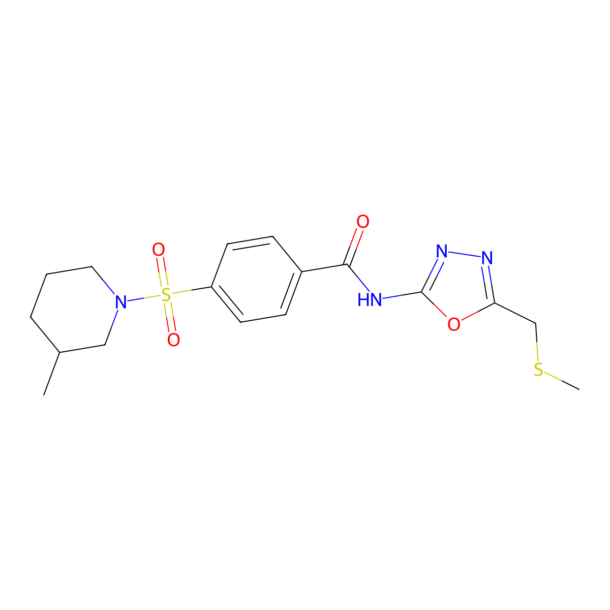 4-((3-methylpiperidin-1-yl)sulfonyl)-N-(5-((methylthio)methyl)-1,3,4-oxadiazol-2-yl)benzamide molecular structure, CAS 850936-36-6