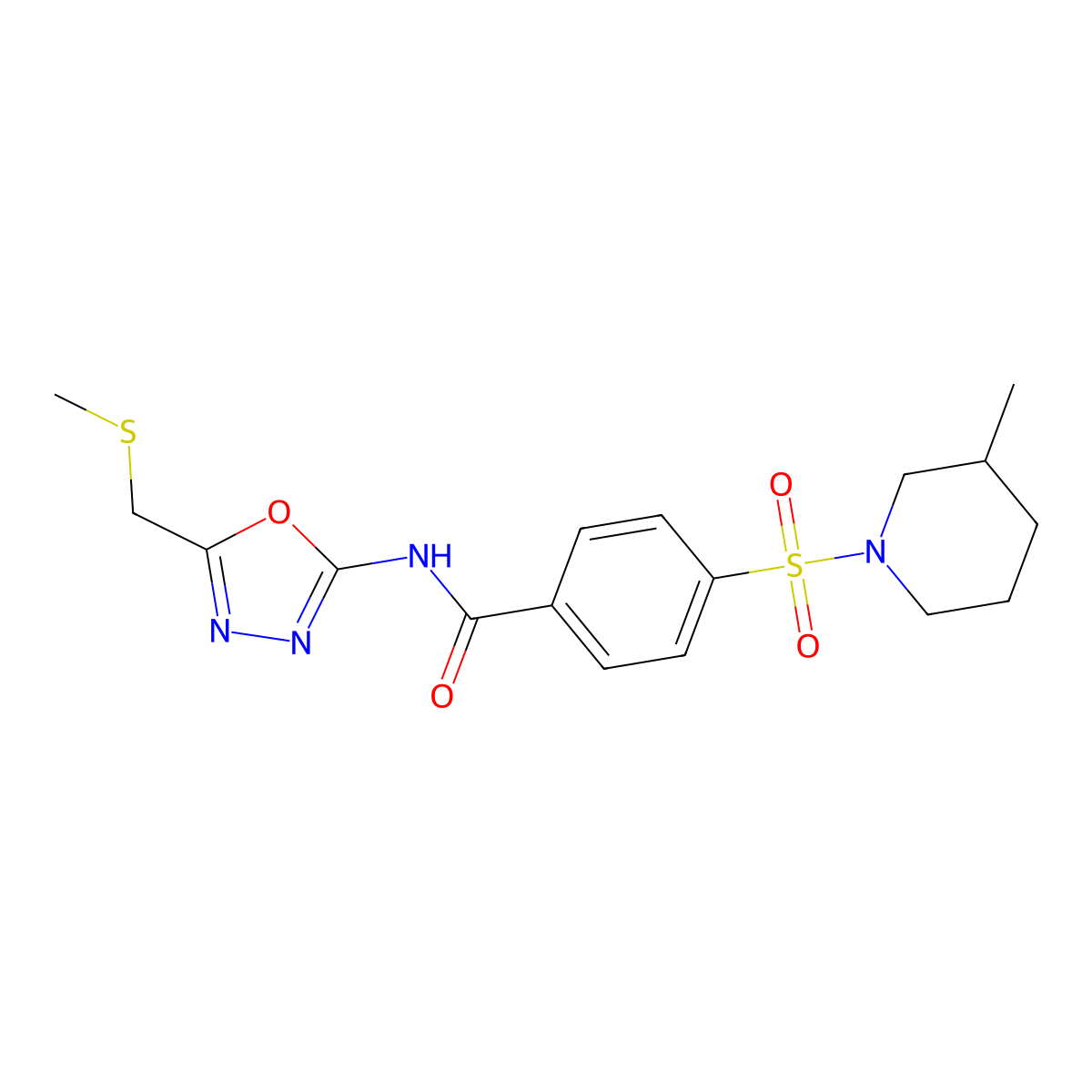 4-((3-methylpiperidin-1-yl)sulfonyl)-N-(5-((methylthio)methyl)-1,3,4-oxadiazol-2-yl)benzamide molecular structure, CAS 850936-36-6