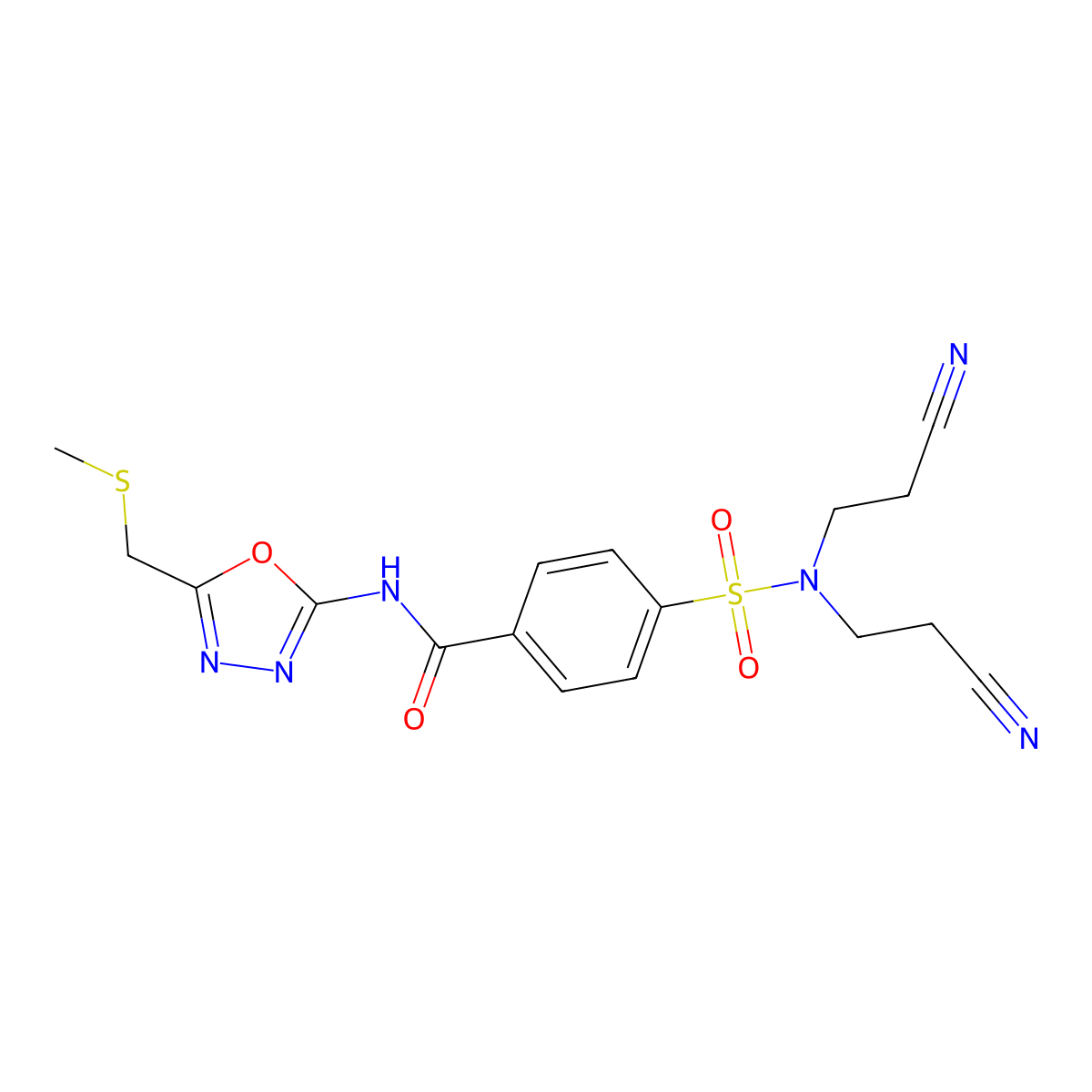 4-[bis(2-cyanoethyl)sulfamoyl]-N-[5-(methylsulfanylmethyl)-1,3,4-oxadiazol-2-yl]benzamide molecular structure, CAS 850936-38-8