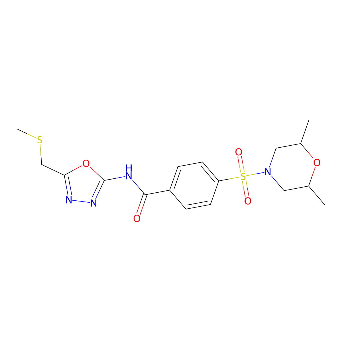 4-((2,6-dimethylmorpholino)sulfonyl)-N-(5-((methylthio)methyl)-1,3,4-oxadiazol-2-yl)benzamide molecular structure, CAS 850936-41-3