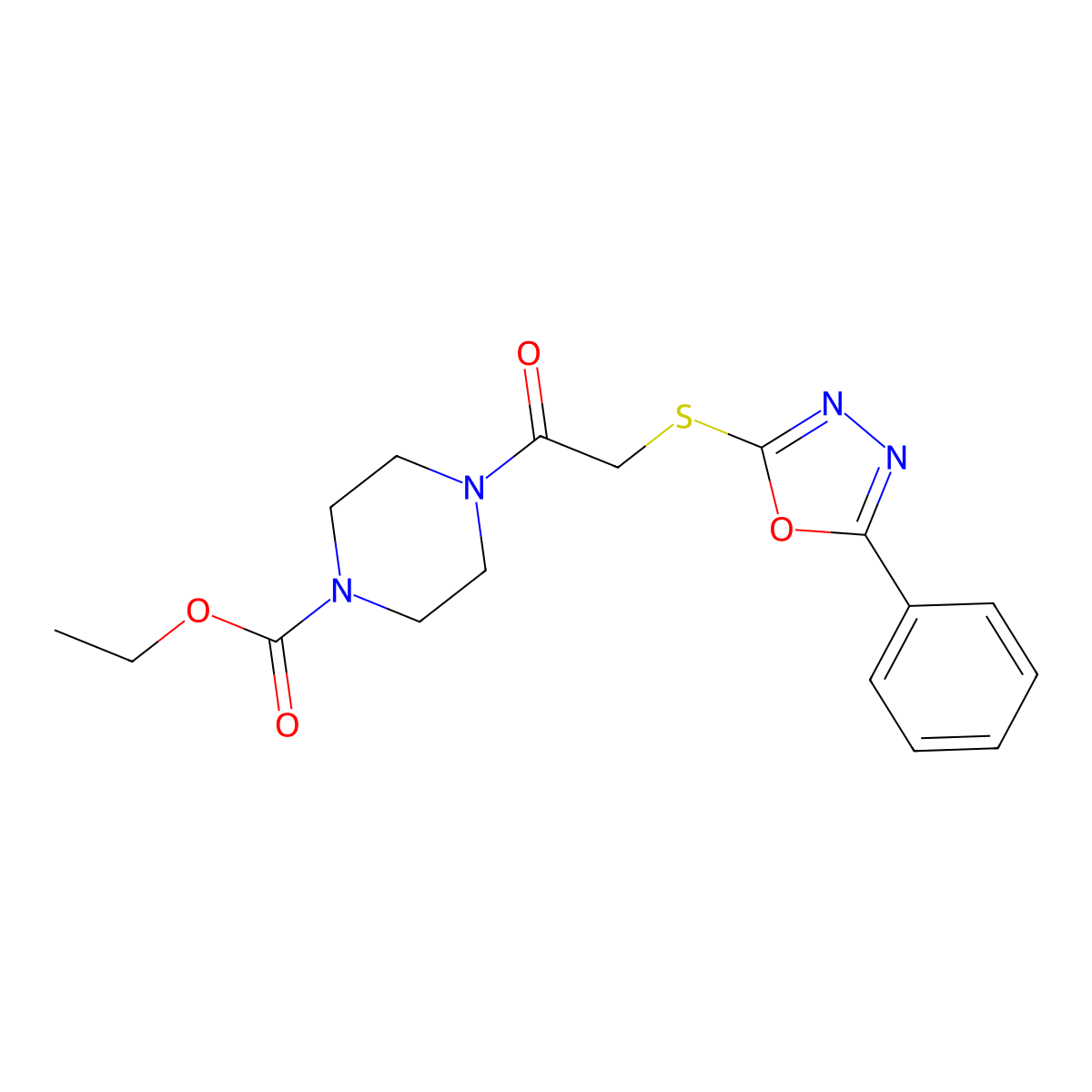 Ethyl 4-(2-((5-phenyl-1,3,4-oxadiazol-2-yl)thio)acetyl)piperazine-1-carboxylate molecular structure, CAS 850936-65-1