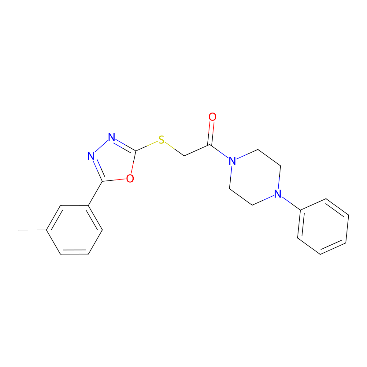 1-(4-Phenylpiperazin-1-yl)-2-((5-(m-tolyl)-1,3,4-oxadiazol-2-yl)thio)ethanone molecular structure, CAS 850936-73-1