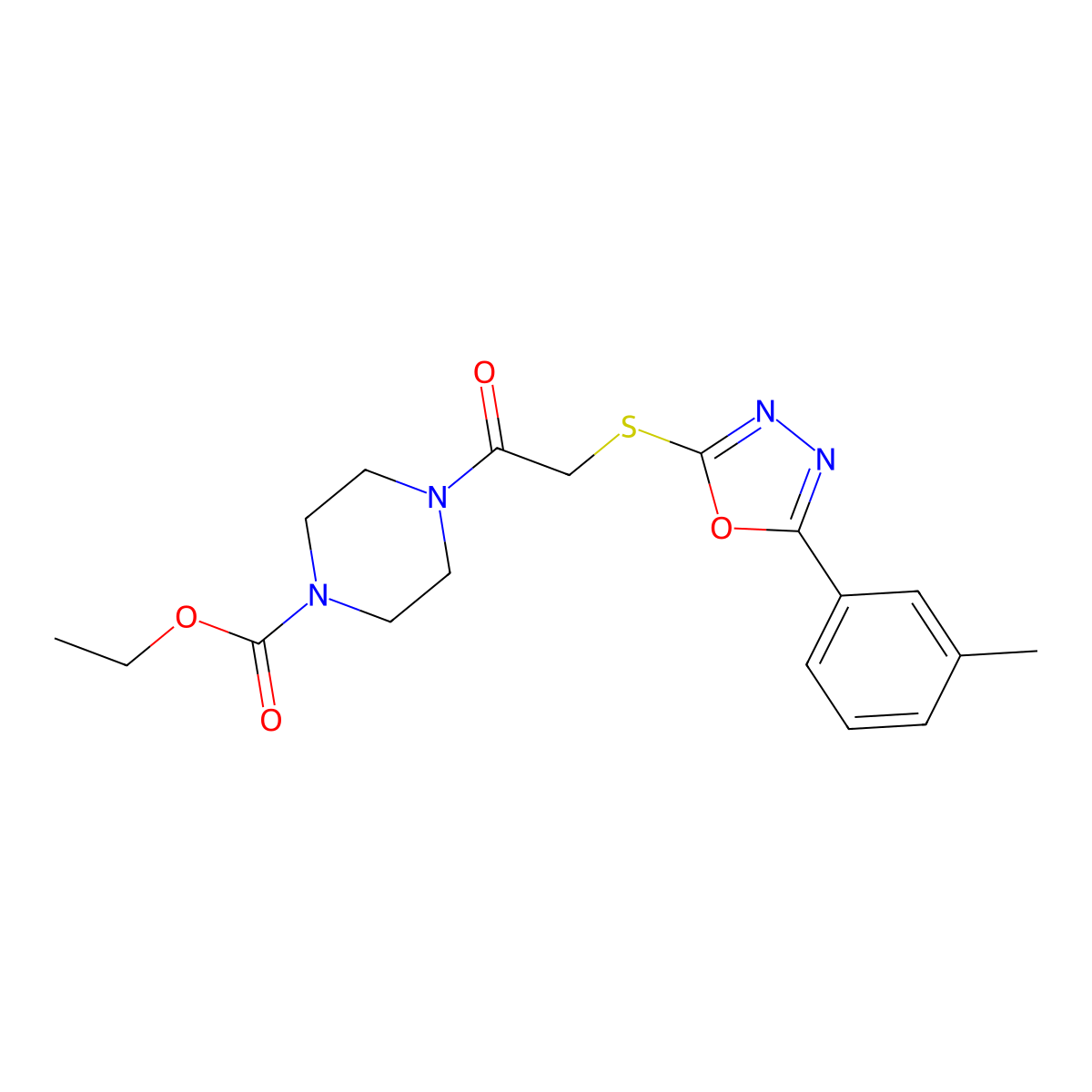 Ethyl 4-(2-((5-(m-tolyl)-1,3,4-oxadiazol-2-yl)thio)acetyl)piperazine-1-carboxylate molecular structure, CAS 850936-74-2