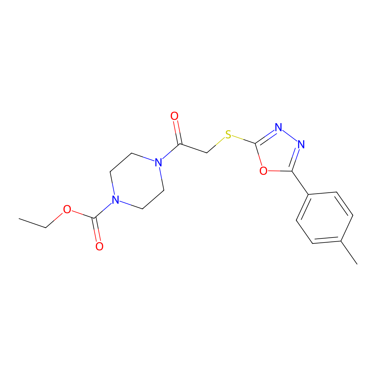 Ethyl 4-(2-((5-(p-tolyl)-1,3,4-oxadiazol-2-yl)thio)acetyl)piperazine-1-carboxylate molecular structure, CAS 850936-79-7