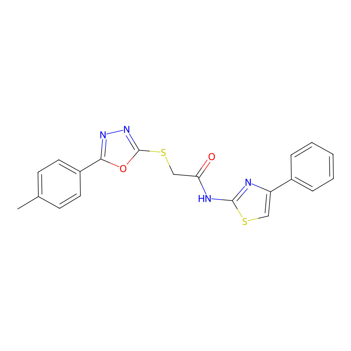 2-{[5-(4-methylphenyl)-1,3,4-oxadiazol-2-yl]sulfanyl}-N-(4-phenyl-1,3-thiazol-2-yl)acetamide molecular structure, CAS 850936-80-0