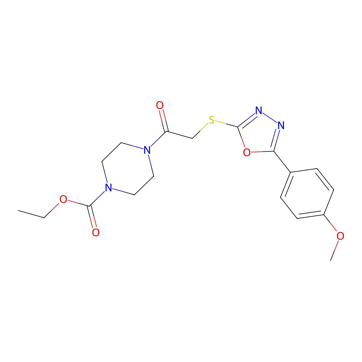 Ethyl 4-(2-{[5-(4-methoxyphenyl)-1,3,4-oxadiazol-2-YL]sulfanyl}acetyl)piperazine-1-carboxylate molecular structure, CAS 850936-82-2