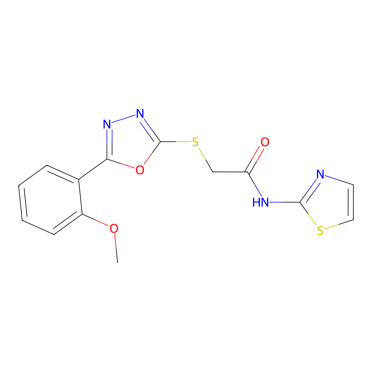 2-{[5-(2-methoxyphenyl)-1,3,4-oxadiazol-2-yl]sulfanyl}-N-(1,3-thiazol-2-yl)acetamide molecular structure, CAS 850936-91-3