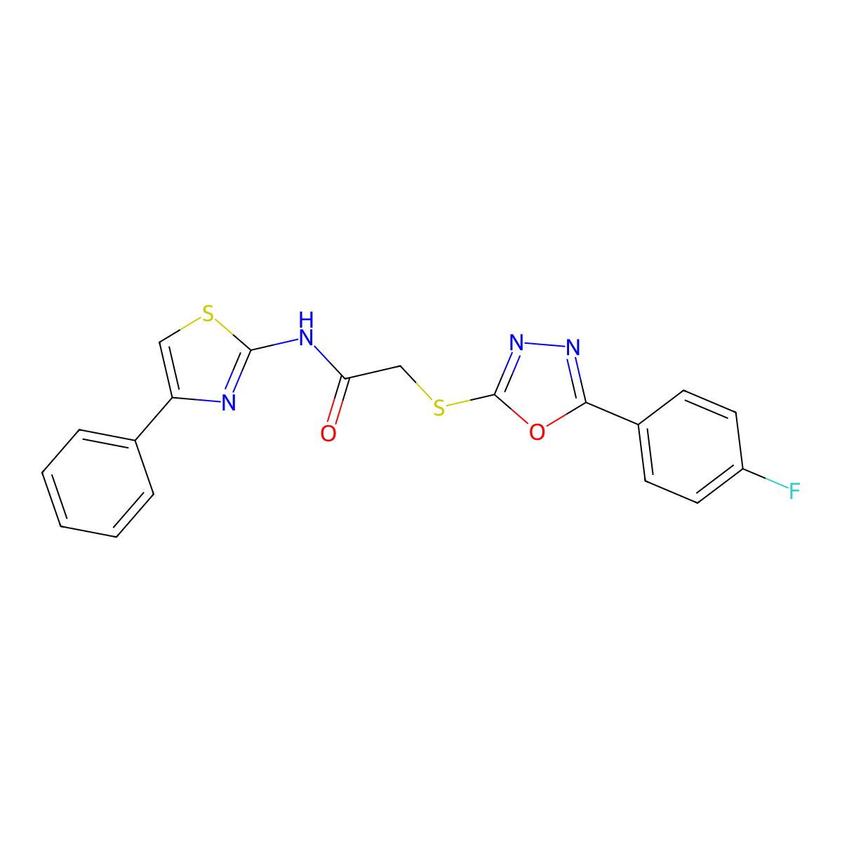 2-((5-(4-fluorophenyl)-1,3,4-oxadiazol-2-yl)thio)-N-(4-phenylthiazol-2-yl)acetamide molecular structure, CAS 850937-01-8