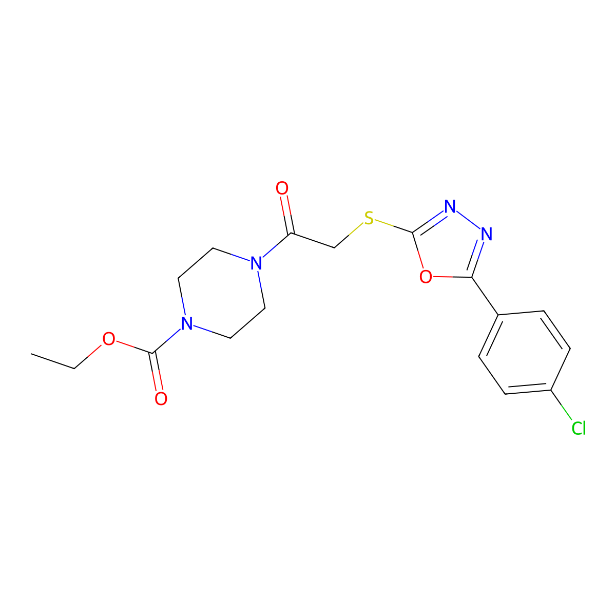 Ethyl 4-(2-{[5-(4-chlorophenyl)-1,3,4-oxadiazol-2-YL]sulfanyl}acetyl)piperazine-1-carboxylate molecular structure, CAS 850937-02-9