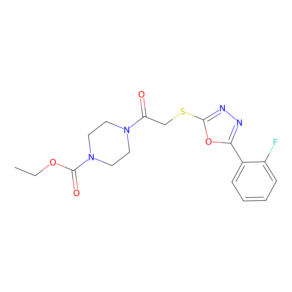 Ethyl 4-(2-{[5-(2-fluorophenyl)-1,3,4-oxadiazol-2-YL]sulfanyl}acetyl)piperazine-1-carboxylate molecular structure, CAS 850937-06-3