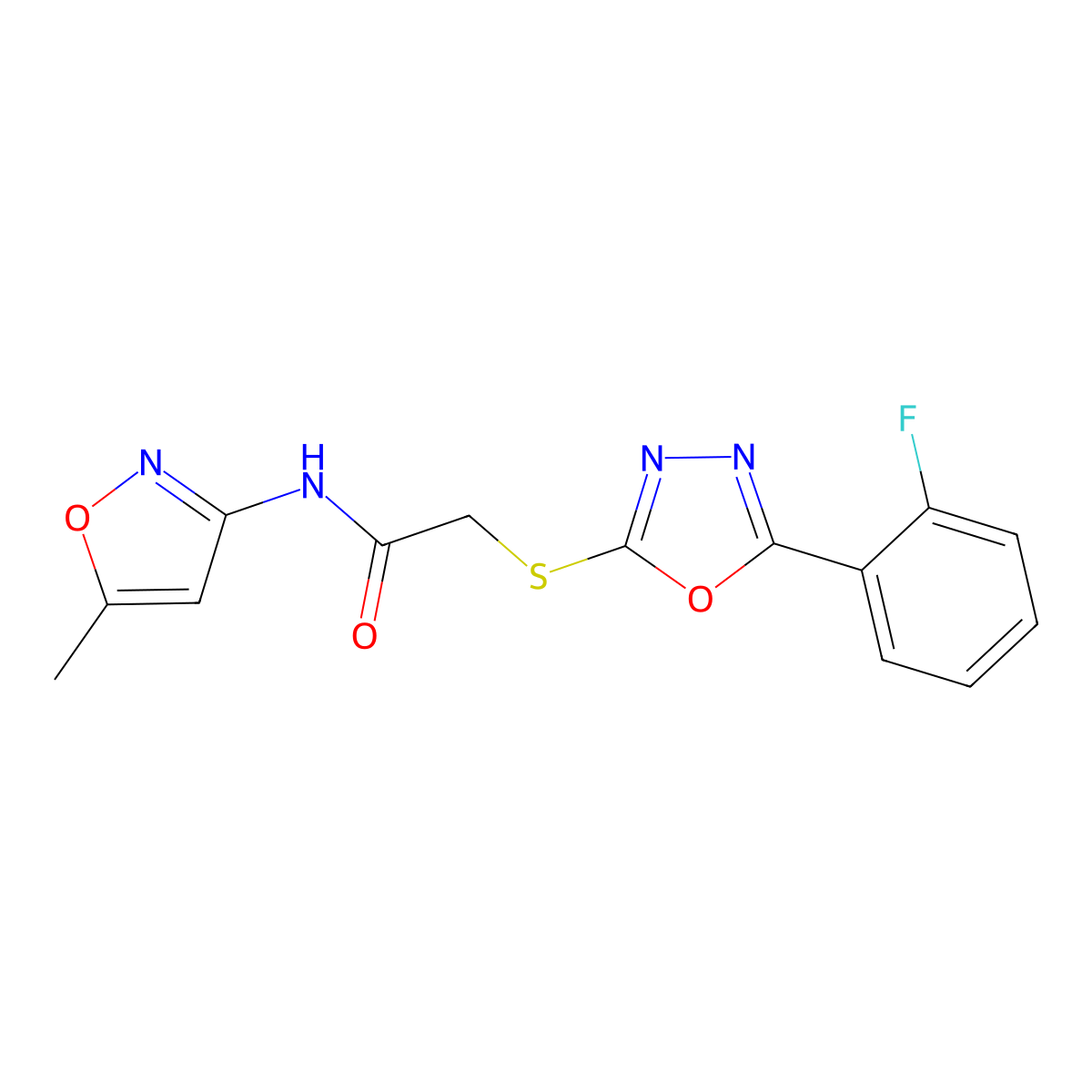 2-((5-(2-fluorophenyl)-1,3,4-oxadiazol-2-yl)thio)-N-(5-methylisoxazol-3-yl)acetamide molecular structure, CAS 850937-08-5