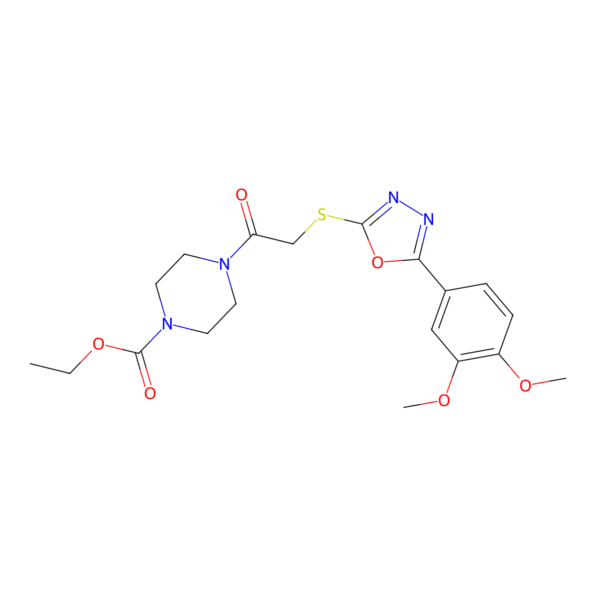 Ethyl 4-(2-{[5-(3,4-dimethoxyphenyl)-1,3,4-oxadiazol-2-YL]sulfanyl}acetyl)piperazine-1-carboxylate molecular structure, CAS 850937-28-9
