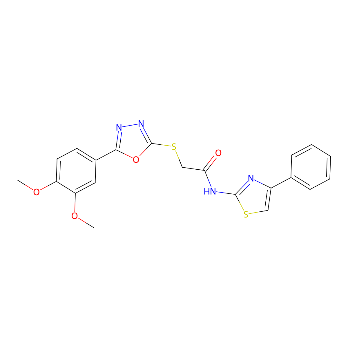2-((5-(3,4-dimethoxyphenyl)-1,3,4-oxadiazol-2-yl)thio)-N-(4-phenylthiazol-2-yl)acetamide molecular structure, CAS 850937-29-0