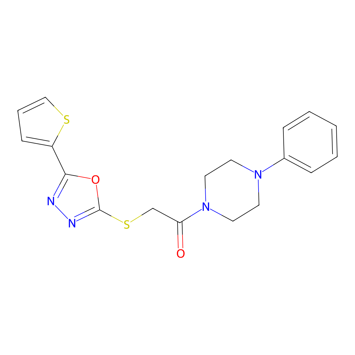 1-(4-Phenylpiperazin-1-yl)-2-((5-(thiophen-2-yl)-1,3,4-oxadiazol-2-yl)thio)ethanone molecular structure, CAS 850937-31-4