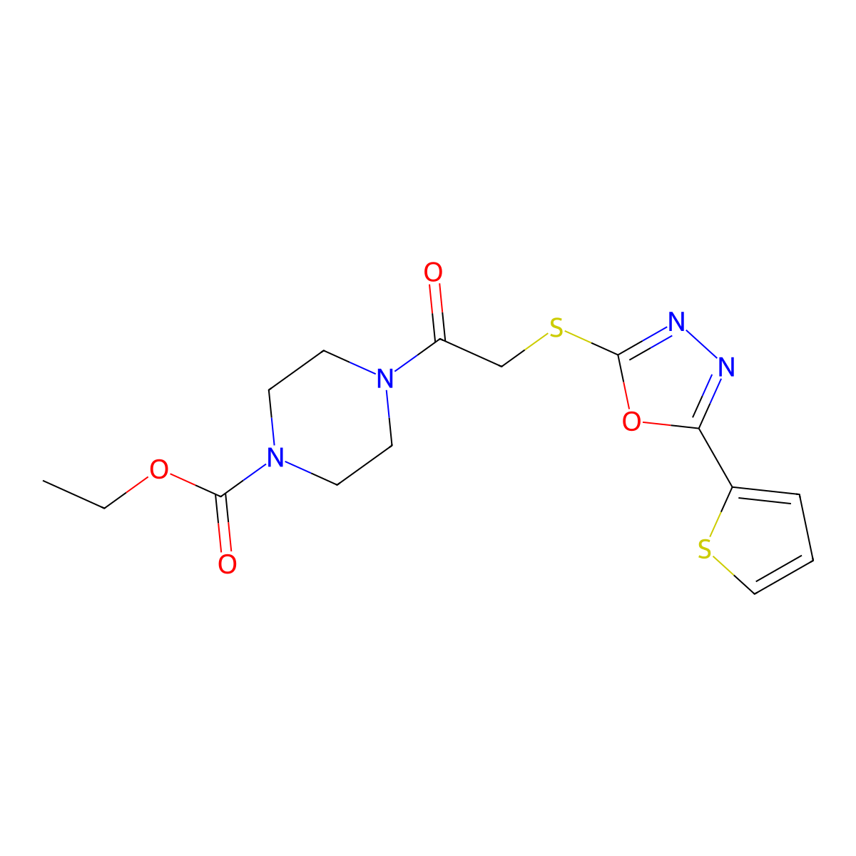 Ethyl 4-(2-((5-(thiophen-2-yl)-1,3,4-oxadiazol-2-yl)thio)acetyl)piperazine-1-carboxylate molecular structure, CAS 850937-32-5