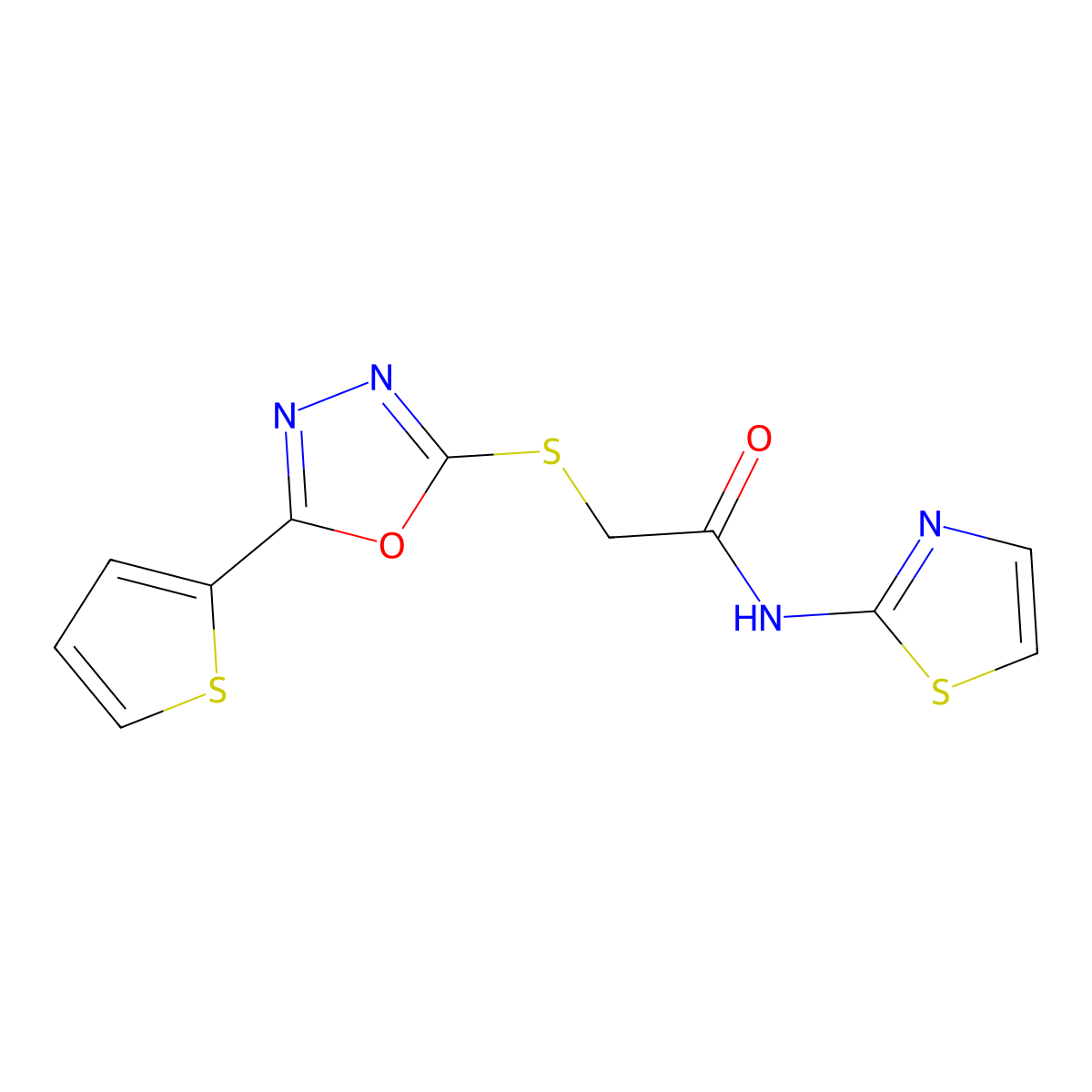 N-(thiazol-2-yl)-2-((5-(thiophen-2-yl)-1,3,4-oxadiazol-2-yl)thio)acetamide molecular structure, CAS 850937-33-6