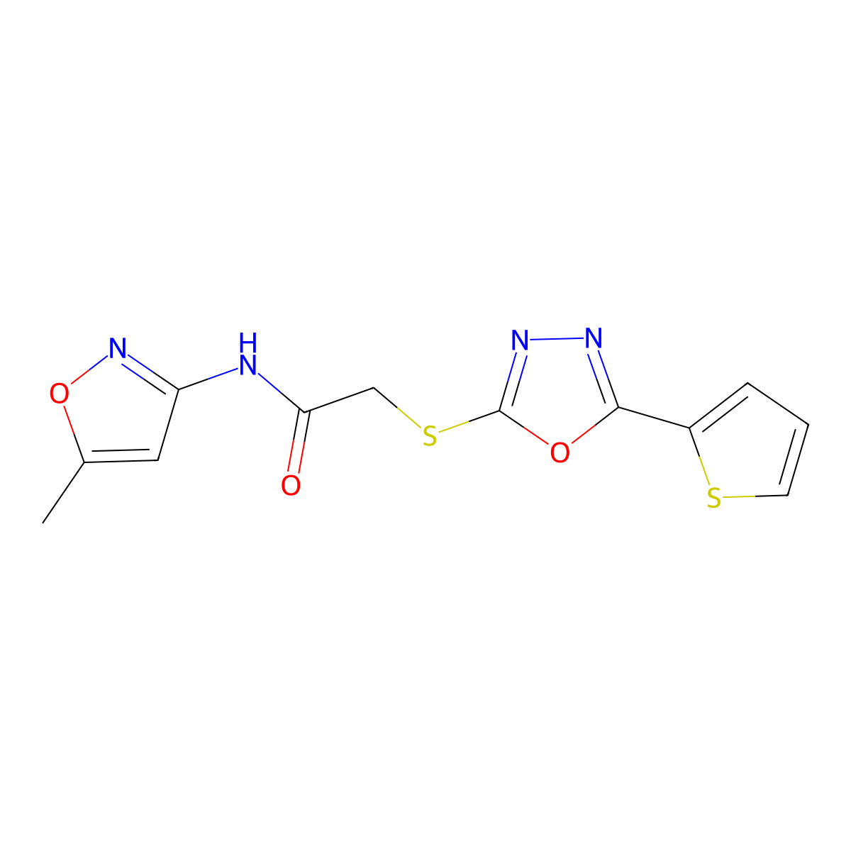 N-(5-methylisoxazol-3-yl)-2-((5-(thiophen-2-yl)-1,3,4-oxadiazol-2-yl)thio)acetamide molecular structure, CAS 850937-34-7