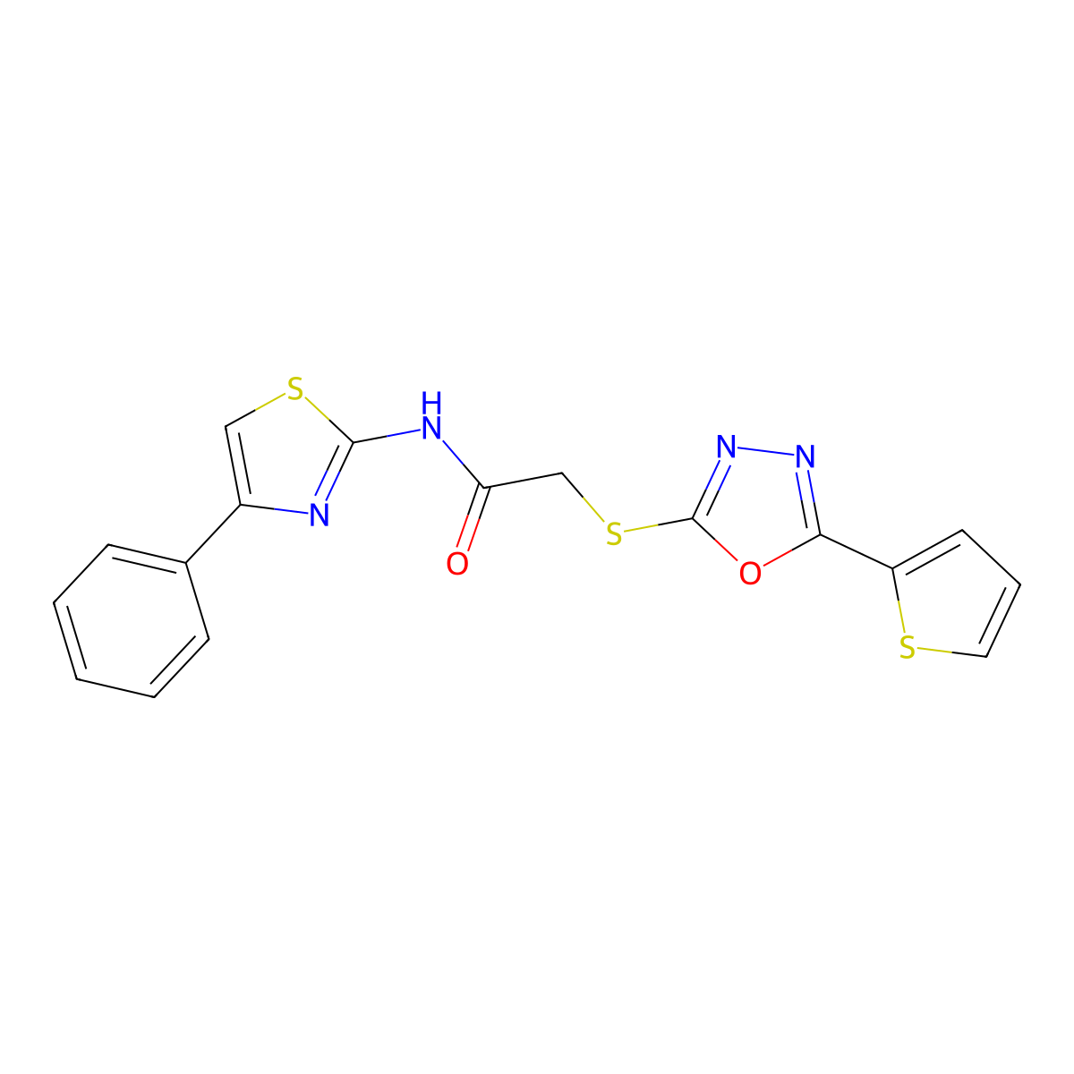 N-(4-phenylthiazol-2-yl)-2-((5-(thiophen-2-yl)-1,3,4-oxadiazol-2-yl)thio)acetamide molecular structure, CAS 850937-35-8