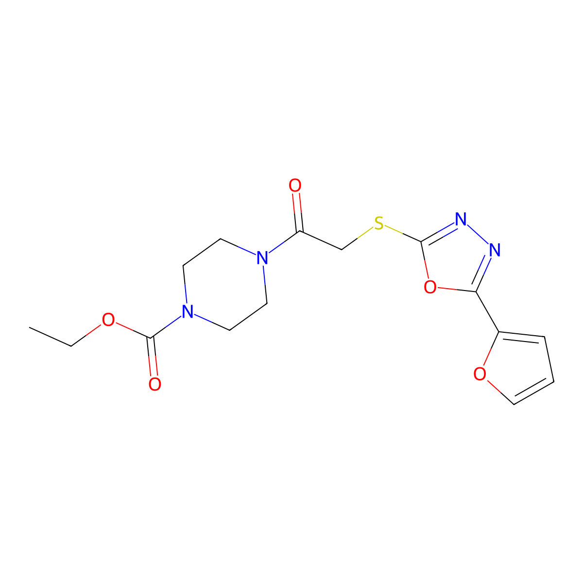 Ethyl 4-(2-{[5-(furan-2-yl)-1,3,4-oxadiazol-2-yl]sulfanyl}acetyl)piperazine-1-carboxylate molecular structure, CAS 850937-36-9